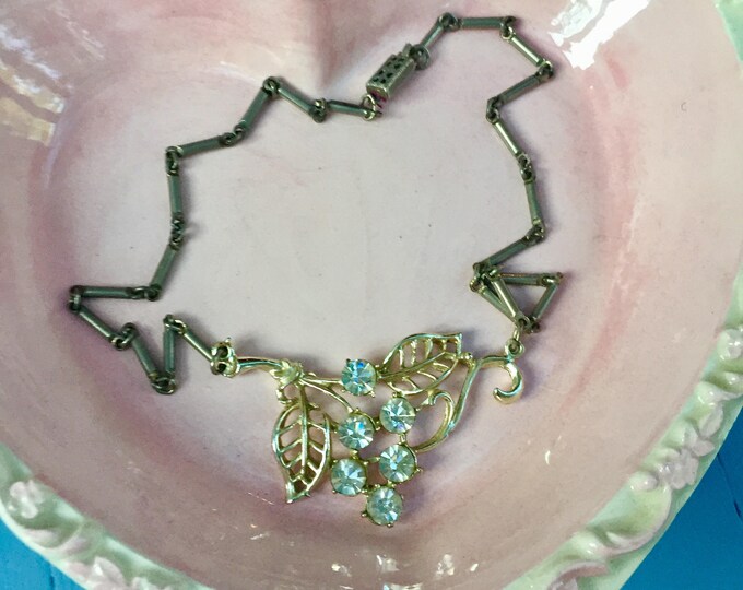 Vintage Rhinestone Floral Necklace Silver Tone Leaf Necklace Art Deco Style Flower Necklace Crystal Necklace
