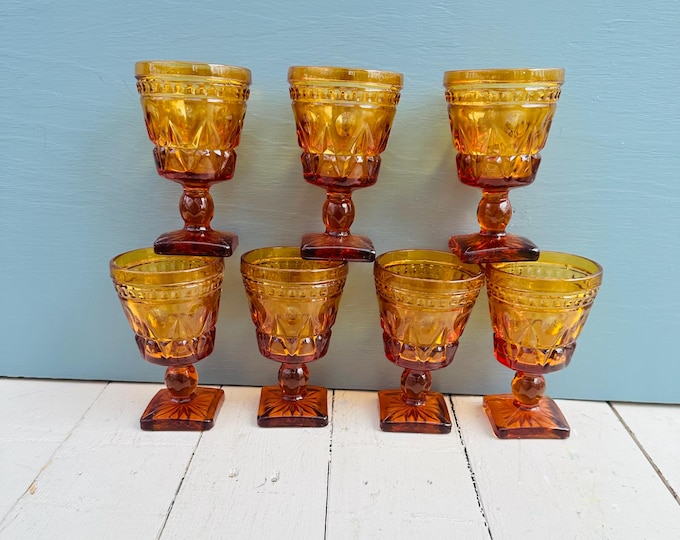 Vintage Indiana Glass Amber Park Lane Stemmed Cordial Drinking Glasses Set of Seven Water Glasses Pedestal Goblets Barware Retro Drinkware