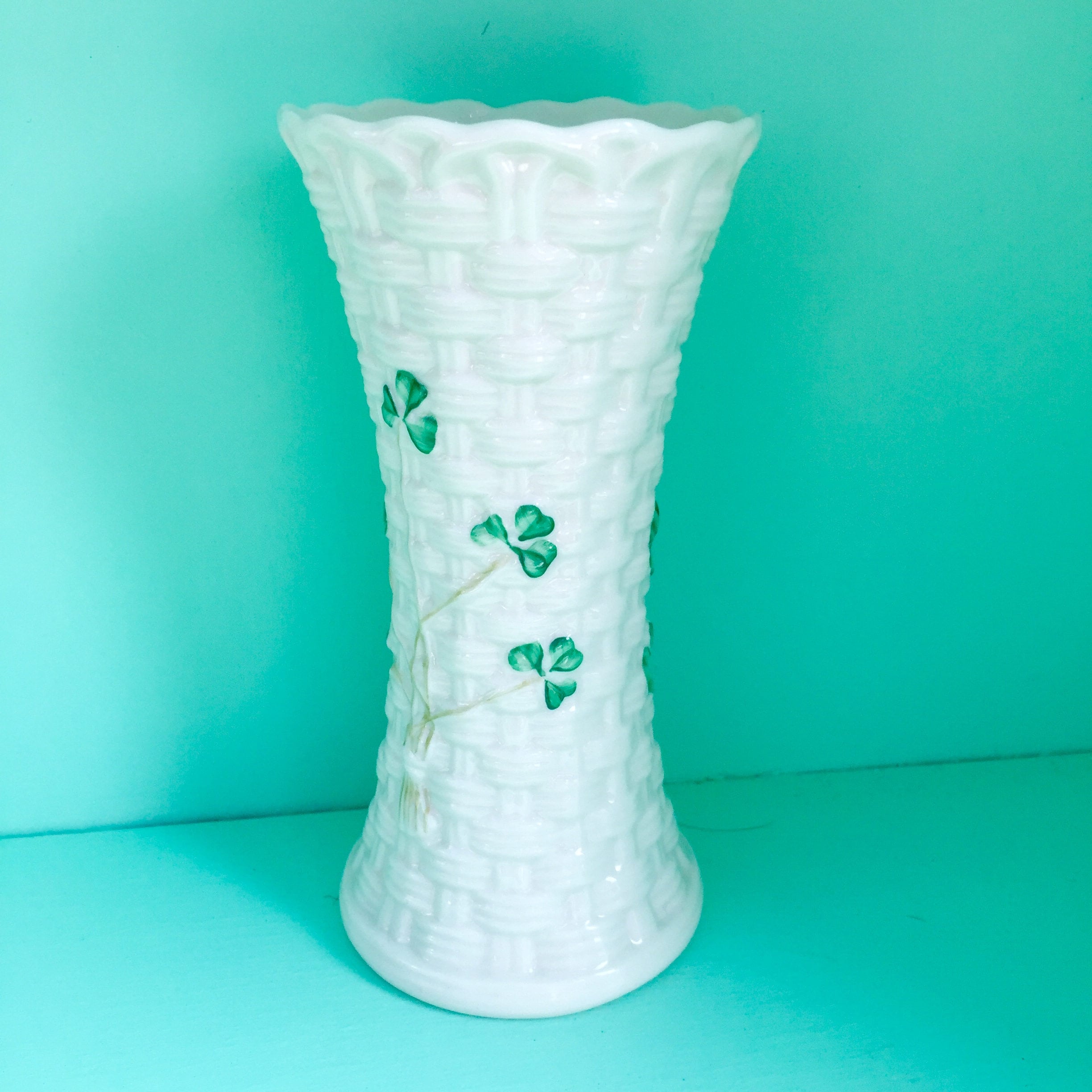 Vintage Belleek Vase, Belleek Basketweave Vase, Belleek Shamrock Vase