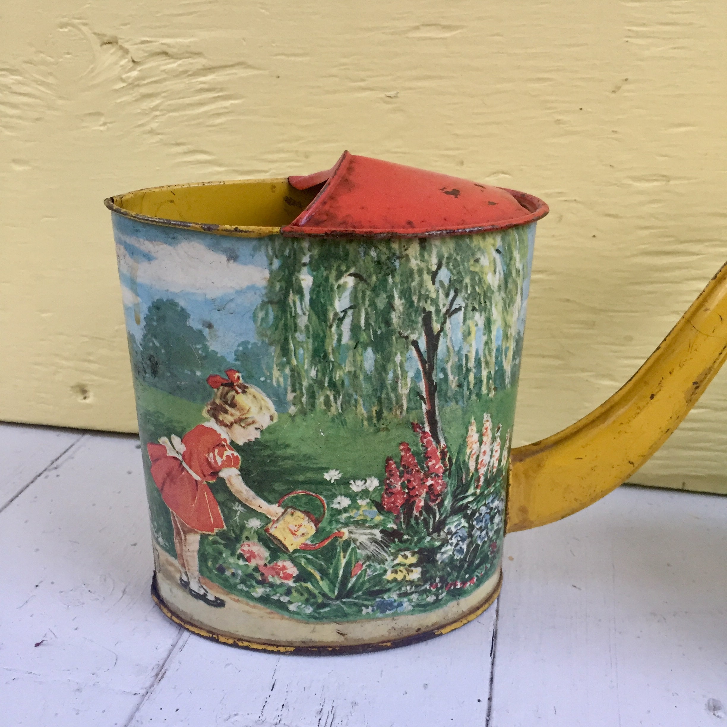 Vintage Tin LItho Watering Can, Vintage Children's Watering Can, Vintage Tin Watering Can