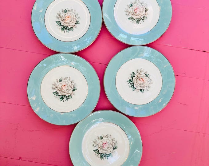 Rare Vintage Baroness Century Service Salad Plates, Set of five, Mid Century Rose Pattern Plates, 50s Aqua Blue Plates, 1950s Dishes