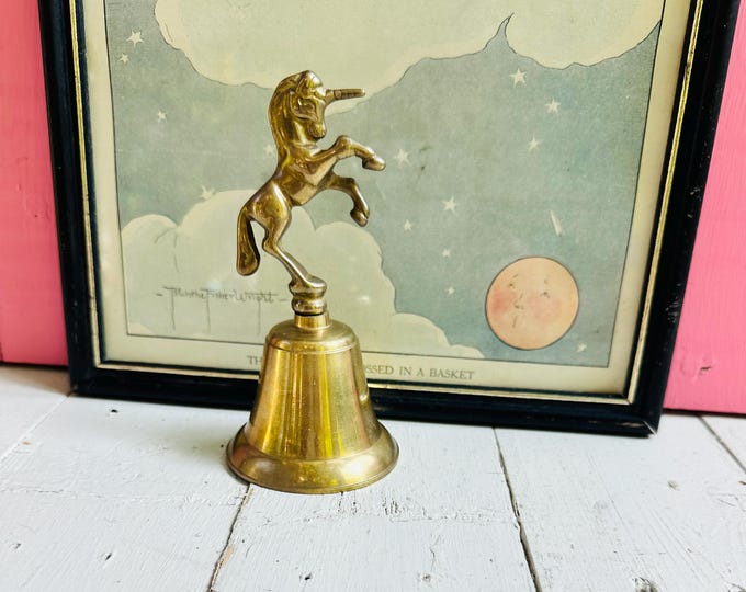 Vintage 1970s Brass Unicorn Bell, Vintage Rearing Unicorn Bell, Vintage Unicorn Decor, Vintage Brass Unicorn, Fantasy Decor