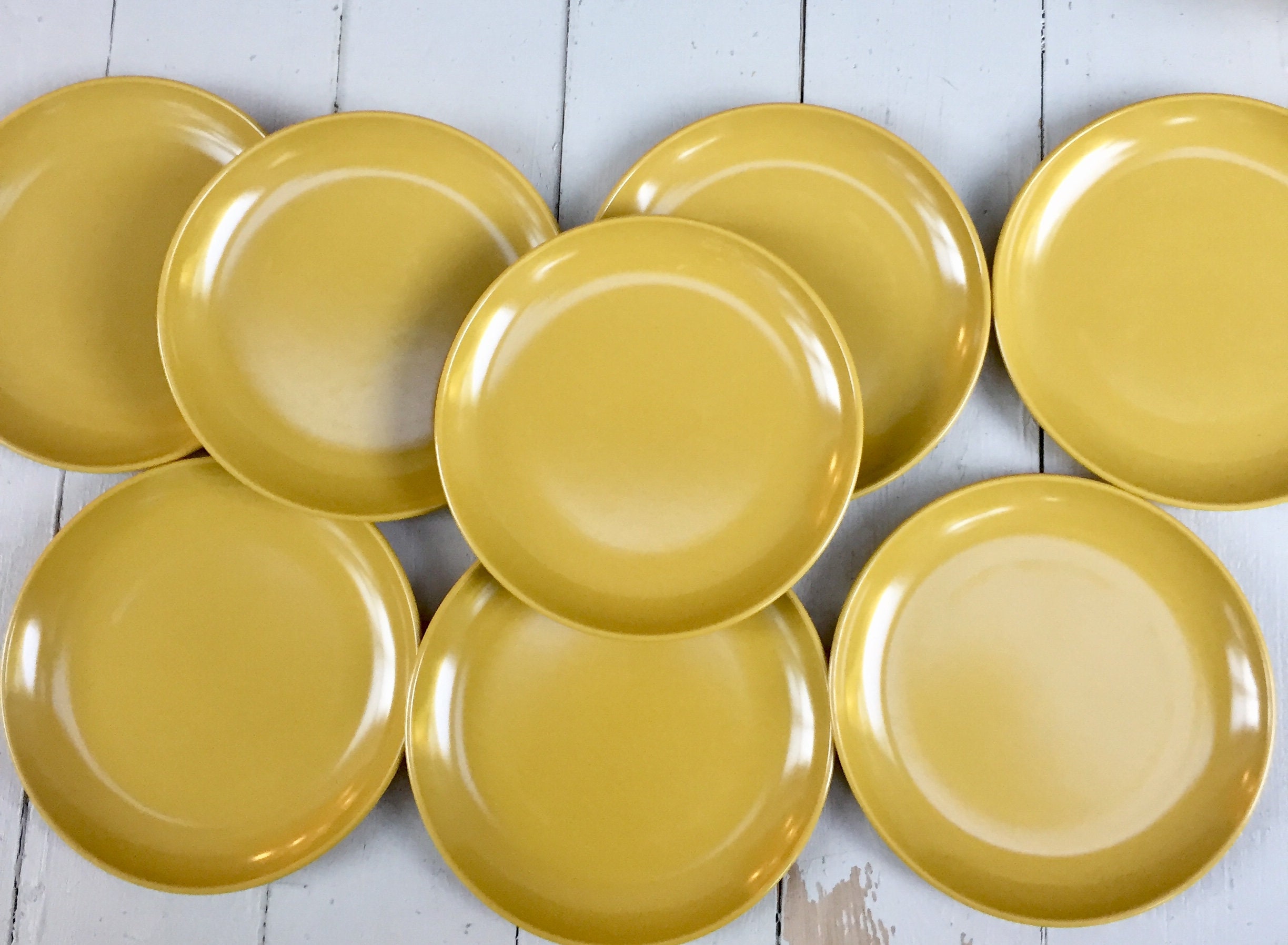 Vintage Melamine Cups and Saucer Set of Eight, Mustard Melamine Cups