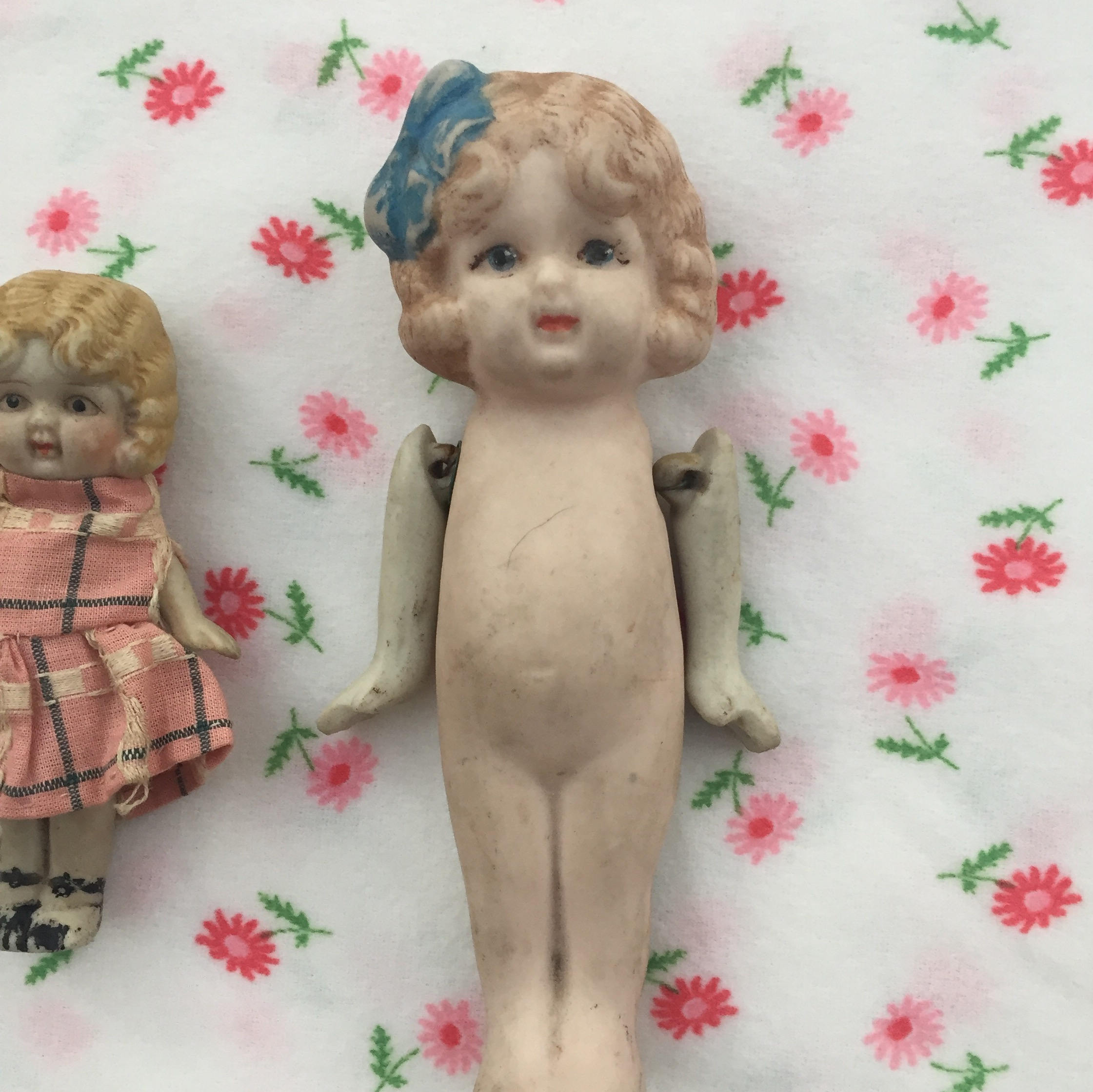 1920s Bisque Doll, Set of Two, 1920s Handpainted Jointed Arms Kewpie