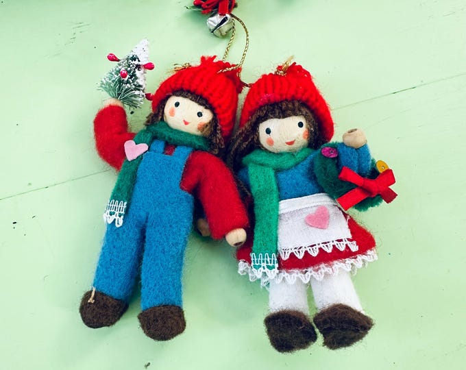 Vintage Swedish Folk Doll Christmas Ornament Boy Girl Hansel and Gretel Christmas Ornament Woven Wooden Felt Nordic Xmas Tree Ornament