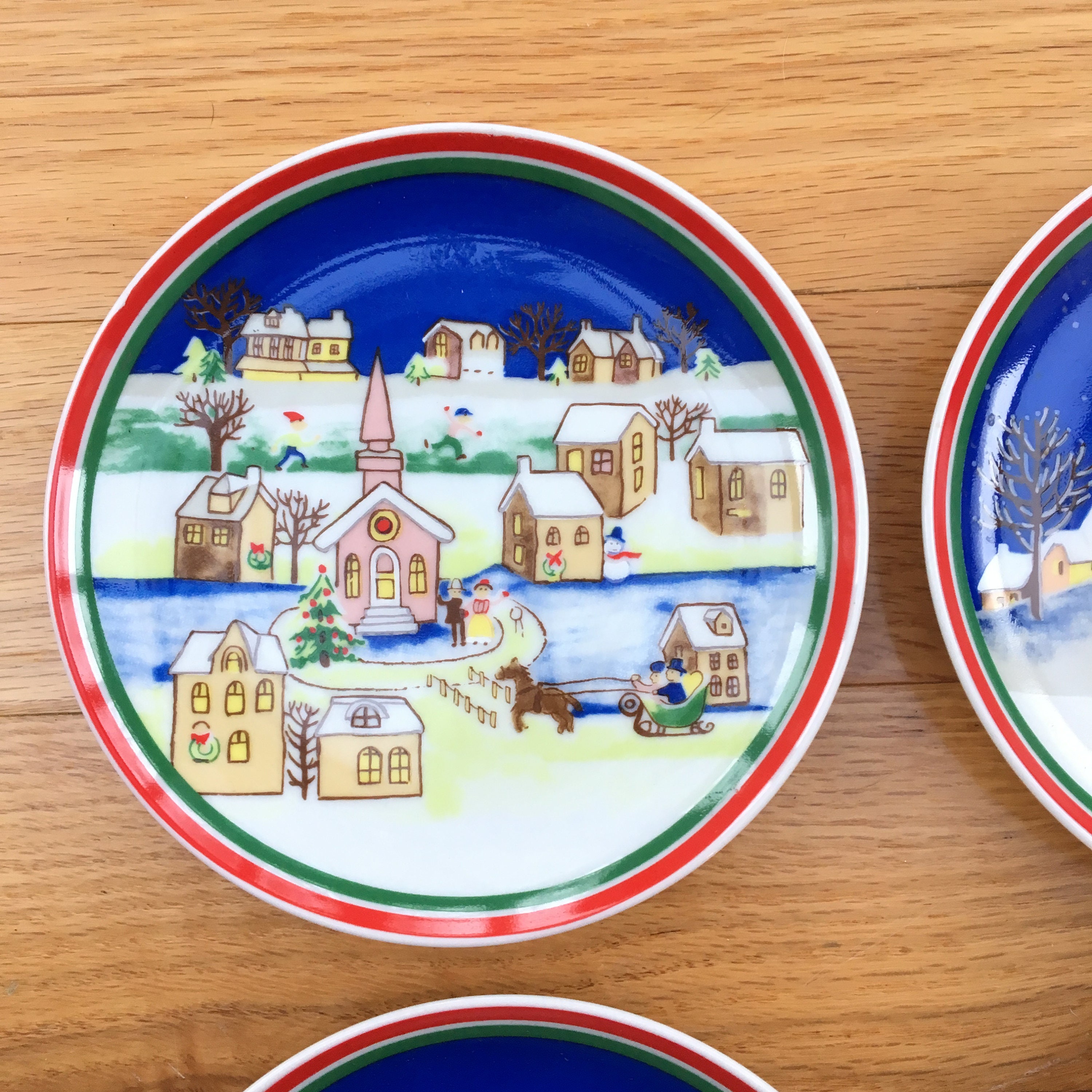 Vintage Christmas Plates, Set of Four, Vintage Handpainted Christmas