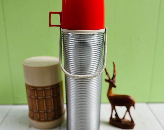 Vintage Red Silver Aladdin Thermos Tall Silver Thermos with Red Lid Vintage Camping Equipment Glamping Accessories Vintage Picnic Handled