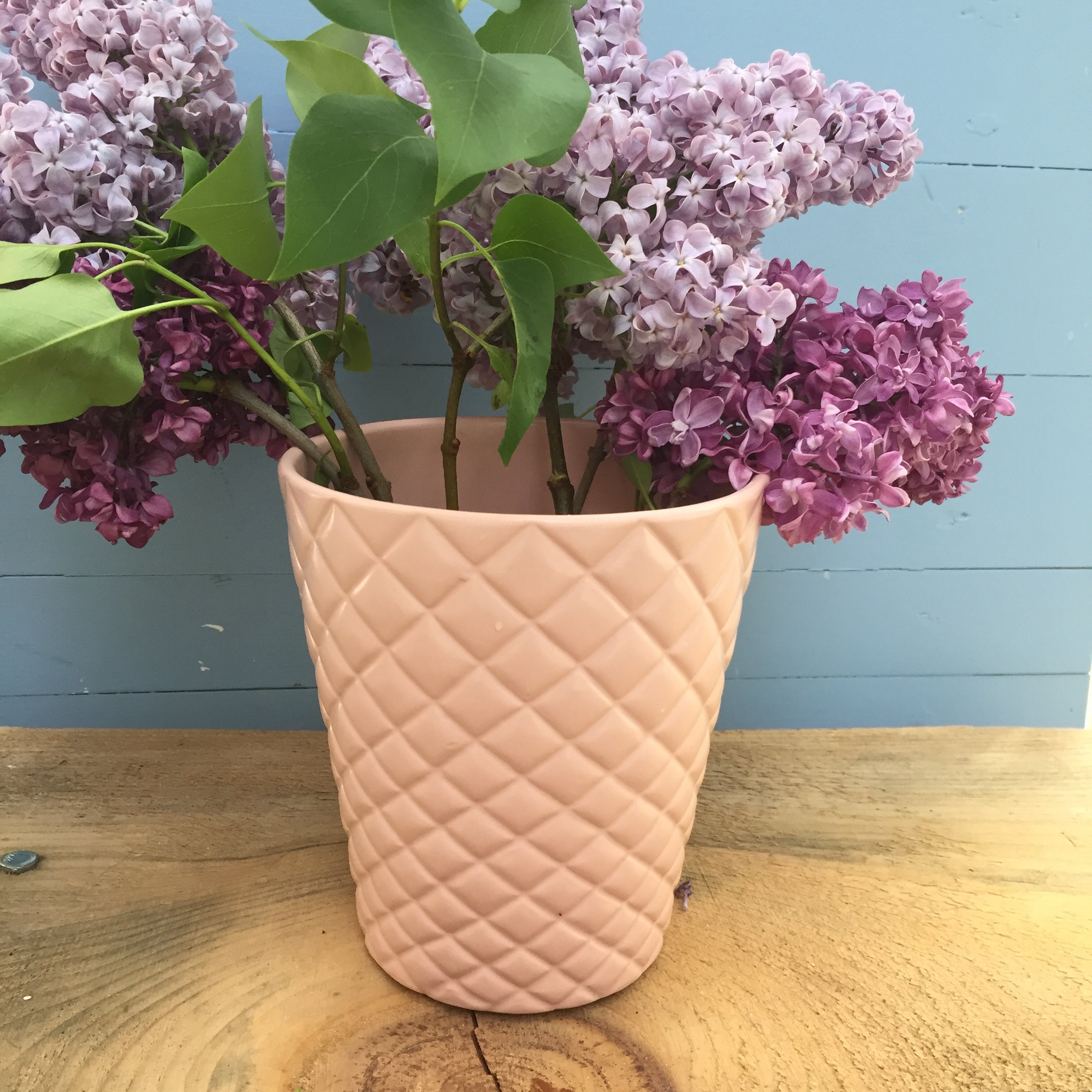 Vintage Pink Flower Pot, Vintage Basketweave Flower Pot, Vintage