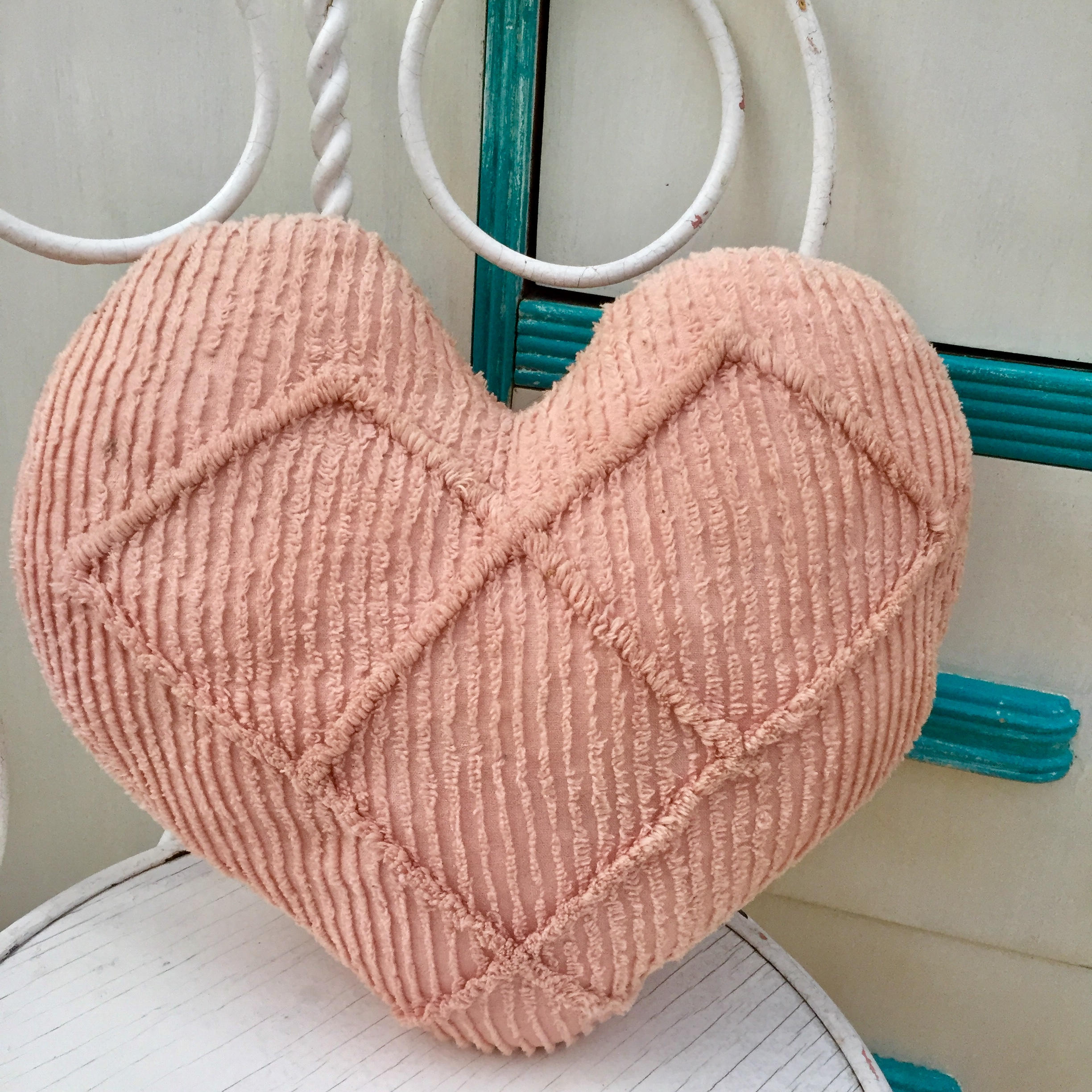 Vintage Pink Chenille Heart Pillow, Vintage Chenille Throw Pillow
