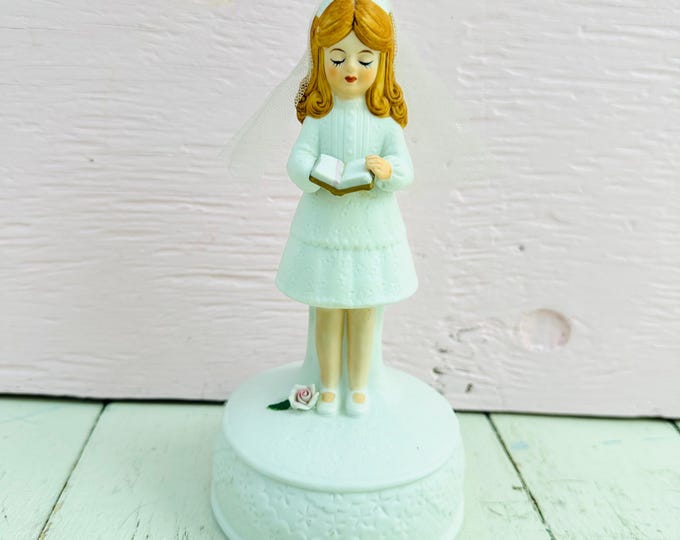 Vintage First Communion Little Girl's Music Box Figurine, "Lords Prayer" Music Box