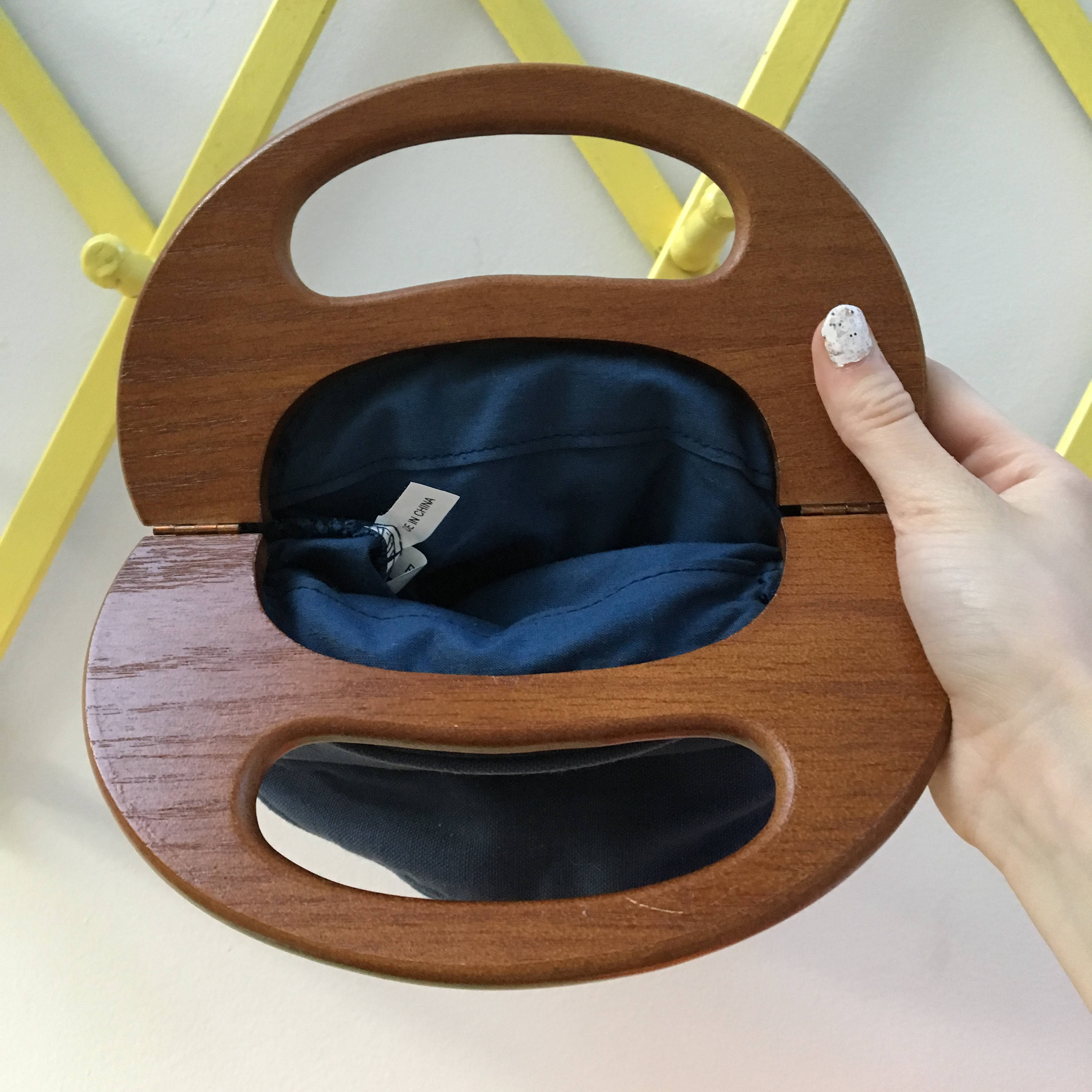 Vintage 1960s Navy Wooden Handle Handbag, Vintage Wooden Handle Clutch