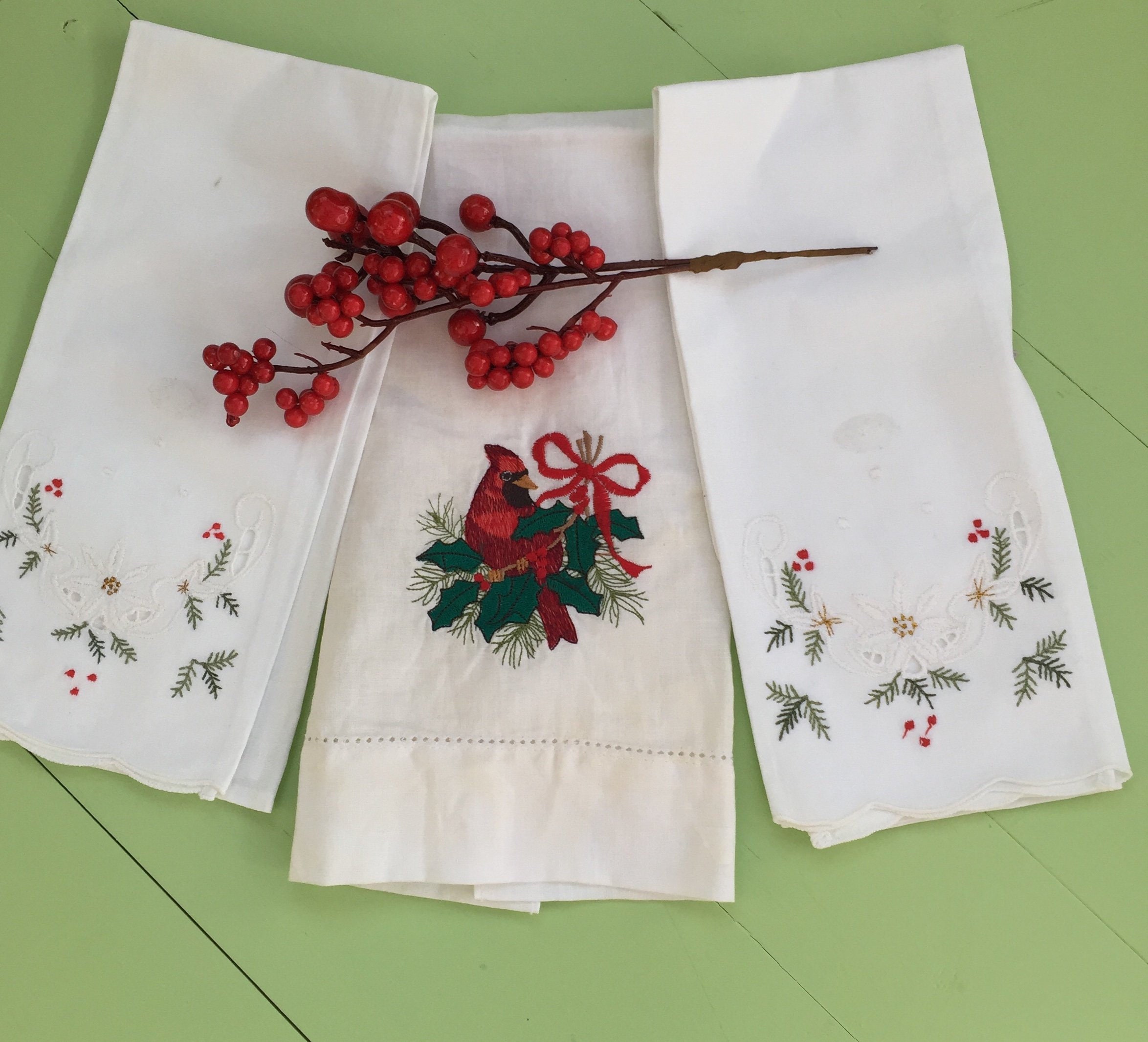 Vintage Christmas Linens, Set of Three, Embroidered Christmas Tea