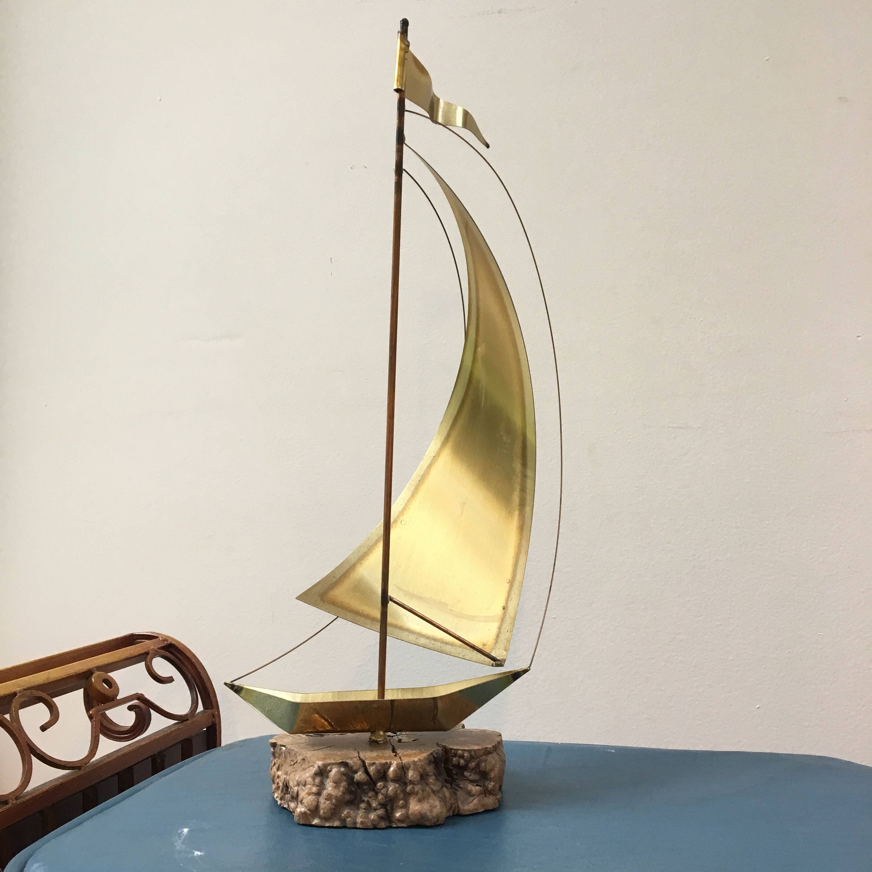Vintage Brass Sailboat, Sailboat on Wood Block, Vintage Nautical Decor