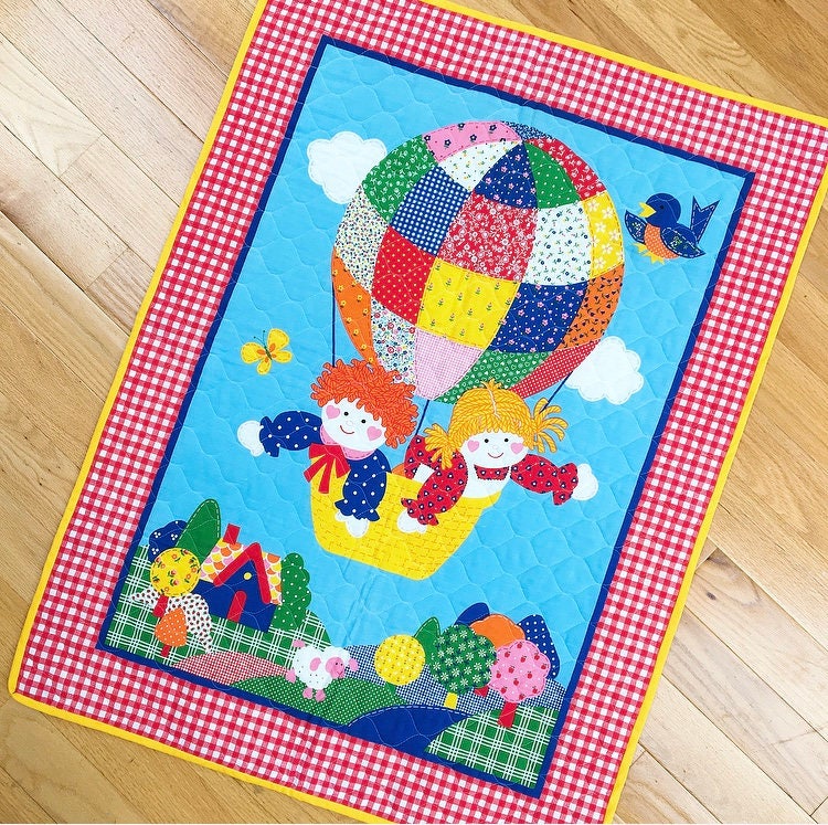 Vintage 1970s Children s Blanket Vintage Raggedy Ann Style Blanket Vintage Children s Primary Colored Quilt Vintage Baby Blanket