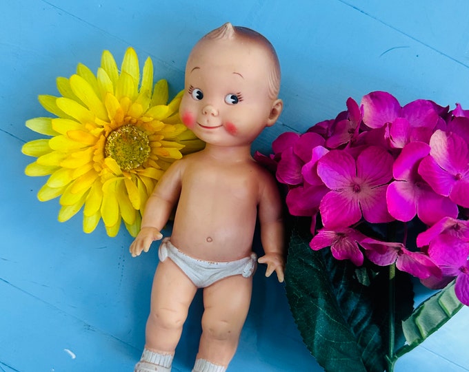 Vintage 1960s Kewpie doll, Rubber Kewpie Doll, 9 inch doll, 60s rubber baby doll, Mid Century toy, collectible doll