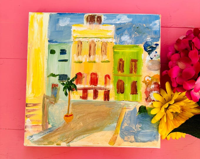 Vintage Colorful Mediterranean City Painting, Original Art on Canvas, Abstract Painting of Tropical City, Caribbean City Painting, 10X10