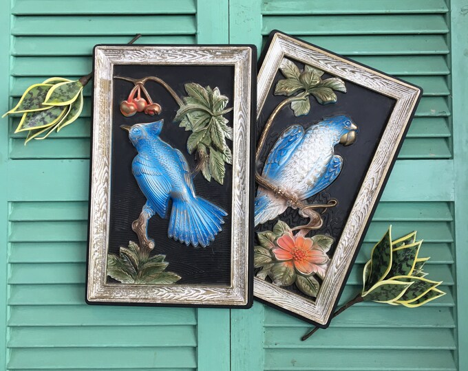 Vintage Blue Bird Picture, Pair of Vintage Bird Pictures, Bird and Flower Pictures, Vintage Bird Wall Hanging