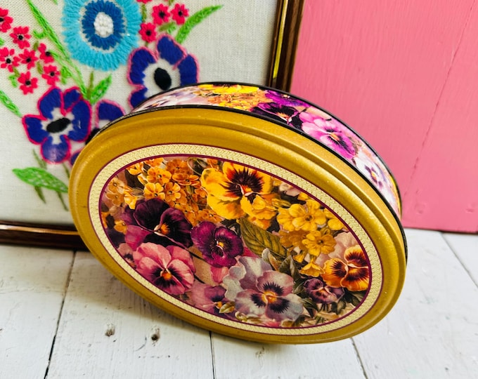 Vintage Tin with Pansy Floral Design, Vintage Pansy Tin, Vintage Floral Cookie Tin, Vintage Biscuit Tin, Vintage Flower Tin