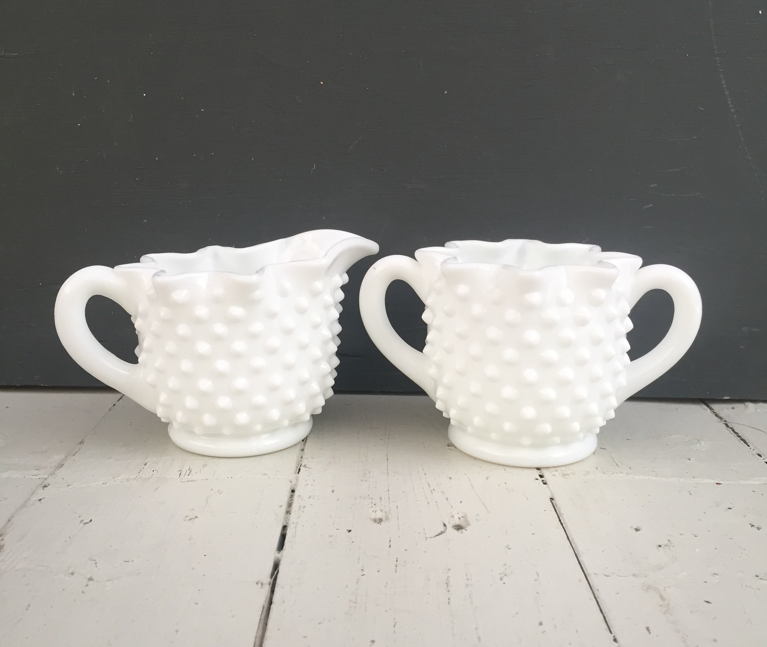 Vintage White Milk Glass Sugar and Creamer Set, Vintage Hobnail Milk