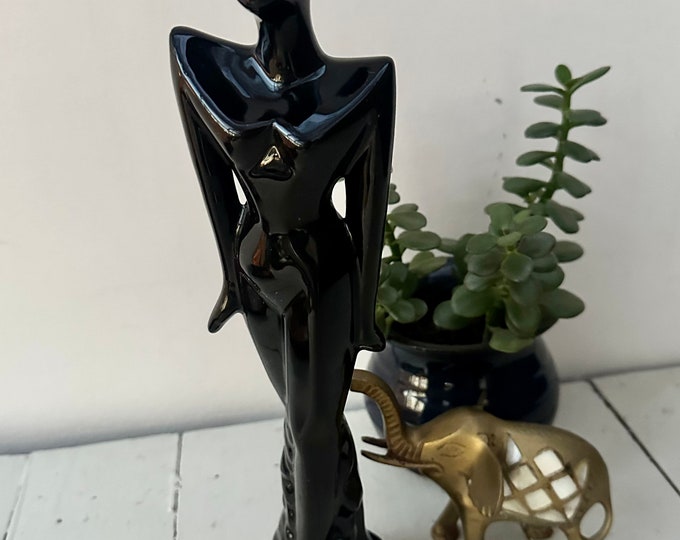 Vintage Female Statue, Mid Century Knick Knack, Women Decor, Statue of Woman, Black Art Deco Decor