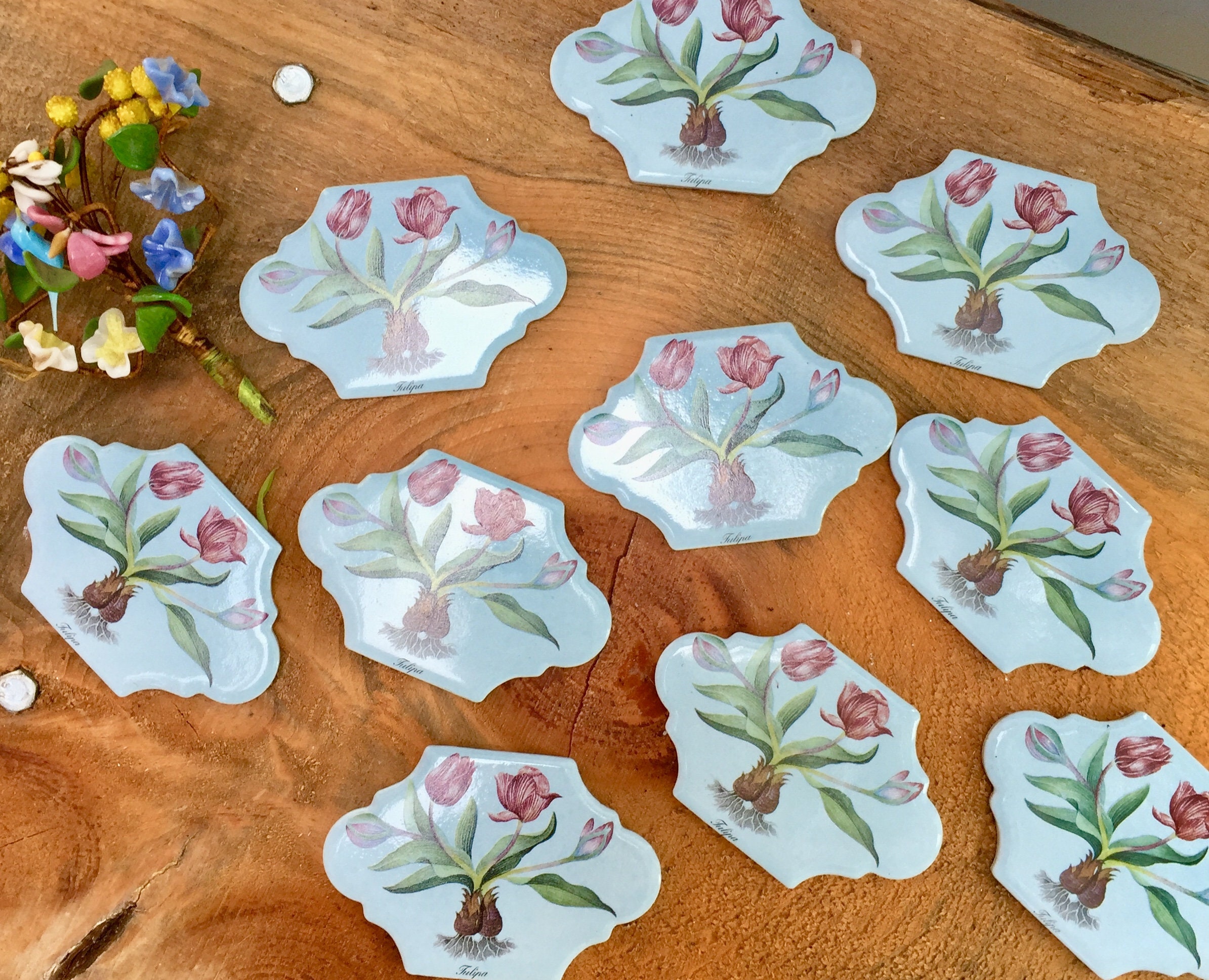 Vintage Set of Decorative Tiles, Floral Decorative Tiles, Set of Ten