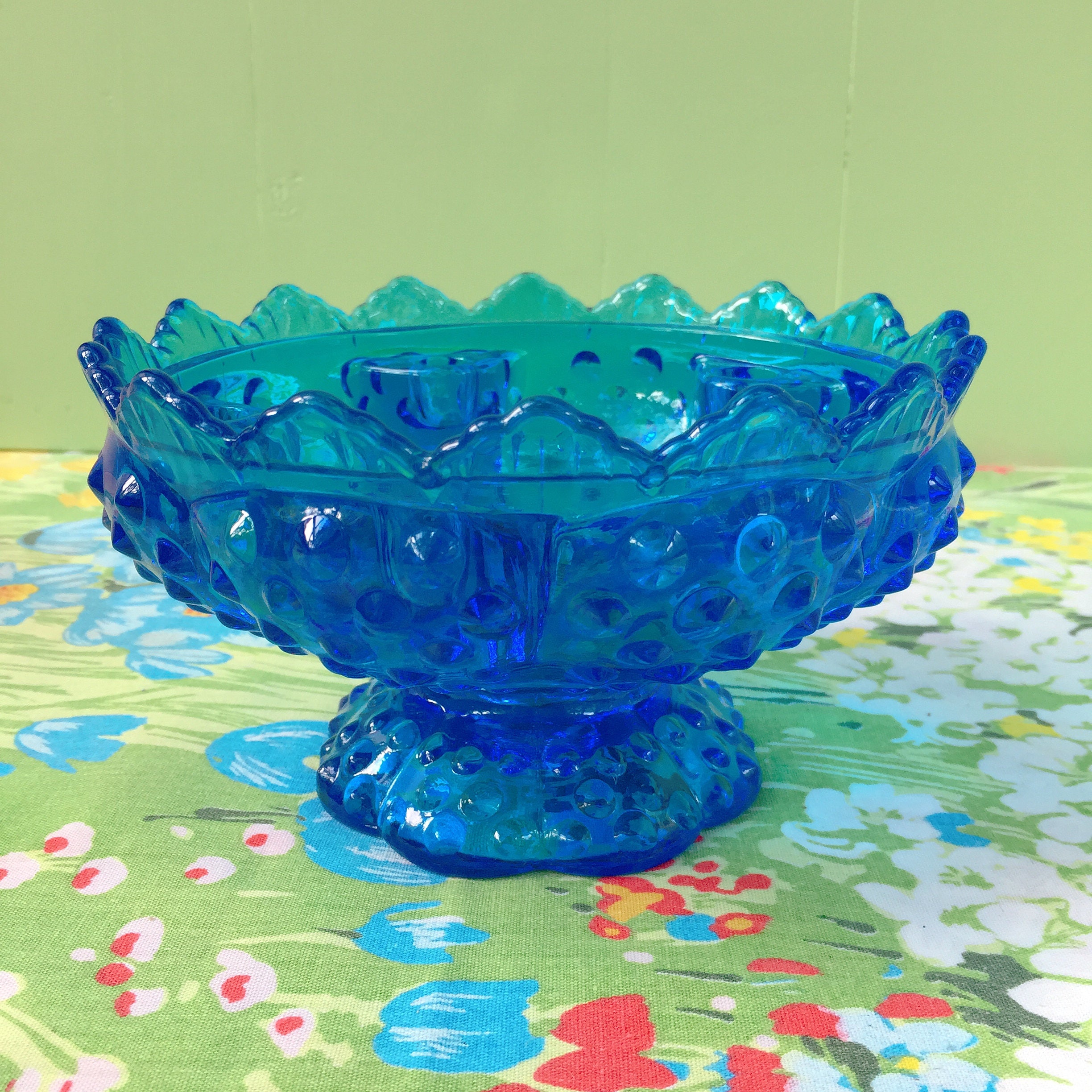 Vintage Fenton Blue Hobnail Glass Bowl, Cobalt Blue Candle Holder Bowl