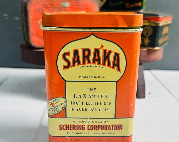 Vintage Saraka Tin, Orange vintage tin, Vintage drug tin, Schering Corporation tin, Vintage Bathroom Decor, Vintage pharmaceutical tin