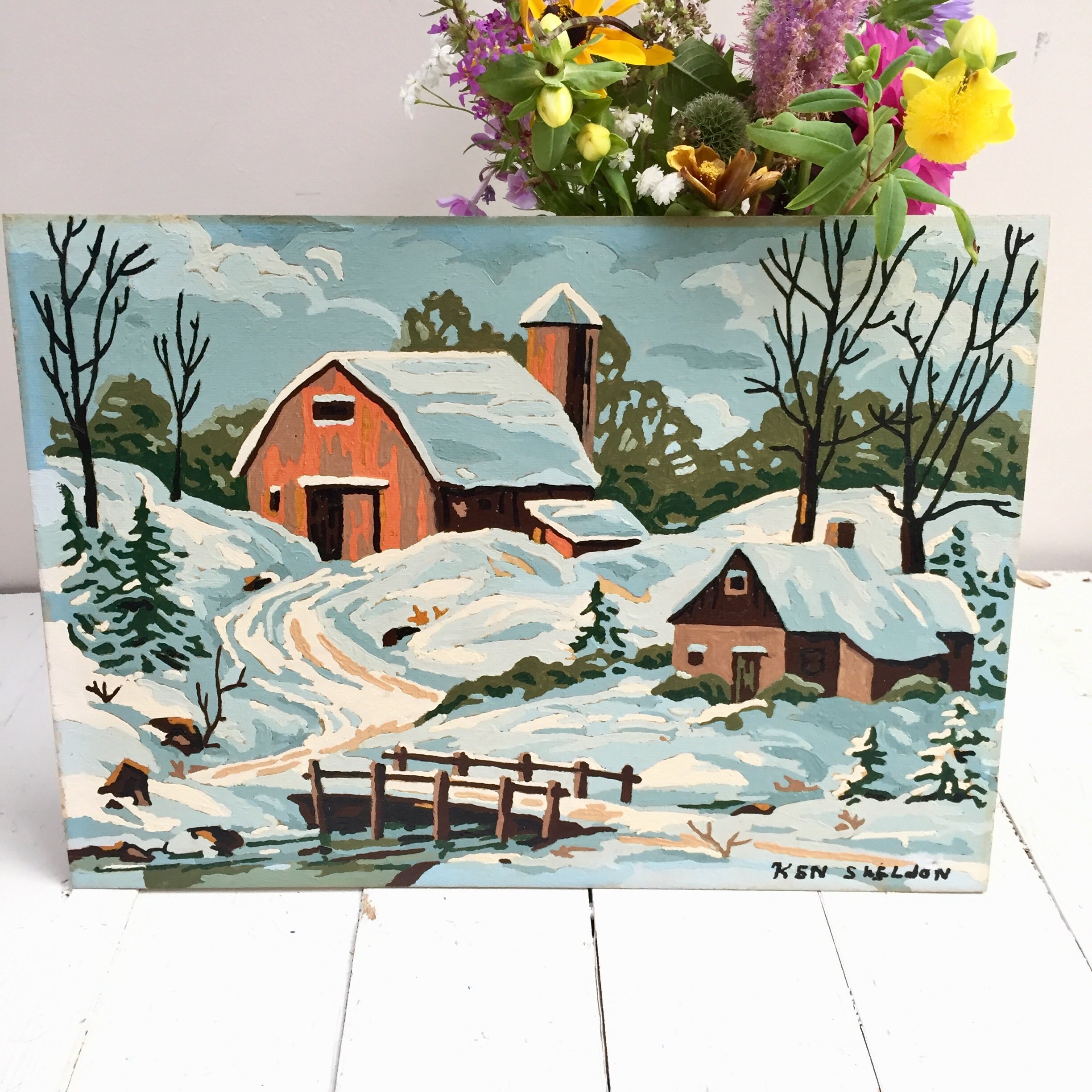 Vintage Paint by Number Paintings, Vintage Pair Winter Landscape