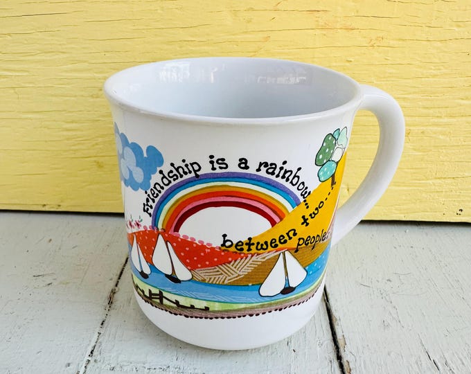 Vintage Roberta Art Coffee Mug, Rainbow and Friendship Quote Cup