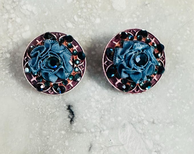 Vintage 50s Earrings Blue Pink Button Earrings Clip-on Vintage 1950s Statement Earrings Flowers Rhinestones Mid Century Earrings Retro