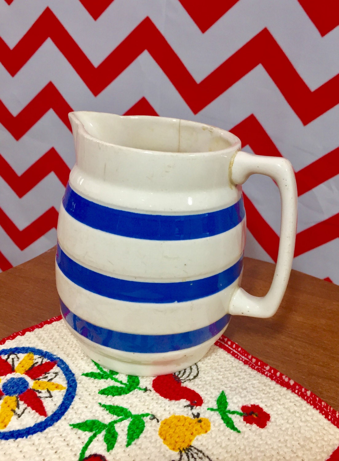Vintage 1960s Staffordshire Ironstone Pitcher, Blue White Chefware