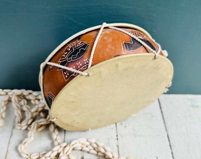 Vintage Peruvian Gourd Drum Hand Painted Folk Art Hide Drum South American Percussion Instrument Boho Decor