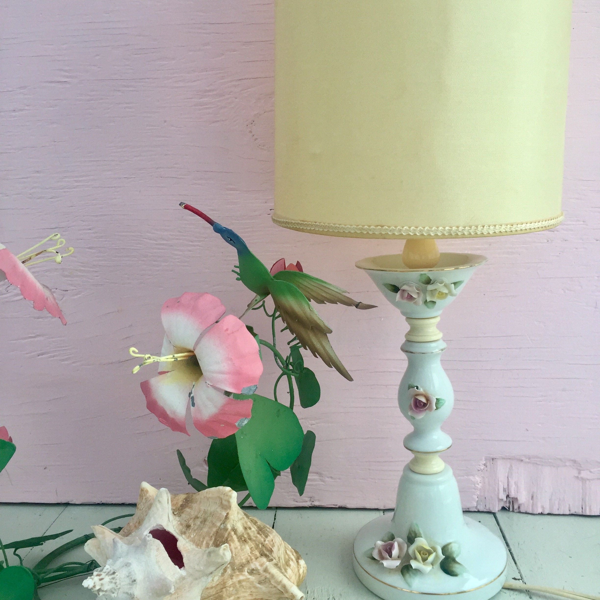 Vintage White Ceramic Floral Lamp, Vintage Ceramic Rose Table Lamp, Vintage Shabby Chic Table Lamp