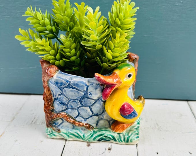 Vintage Duck Planter, Ceramic Kitschy Duck Flower Pot, Bird Planter, Retro Bird Planter
