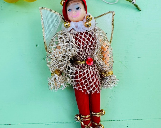 Vintage Rare 1960s Pixie Christmas Ornament Retro Pixie Elf Xmas Ornament Red Gold Bells Wings MCM Christmas Ornament Kitschy Fairy Decor