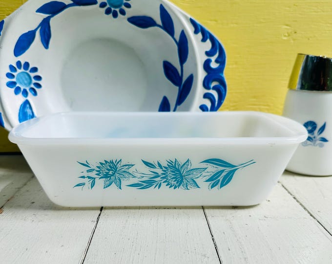 Vintage Blue Thistle Glasbake loaf baking dish, Vintage Glasbake baking dish, Milk Glass Pan, Glasbake Blue Thistle pan