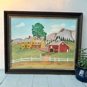 Pintura de arte popular primitivo vintage, pintura vintage Amish Homestead, pintura original vintage, pintura de granja vintage