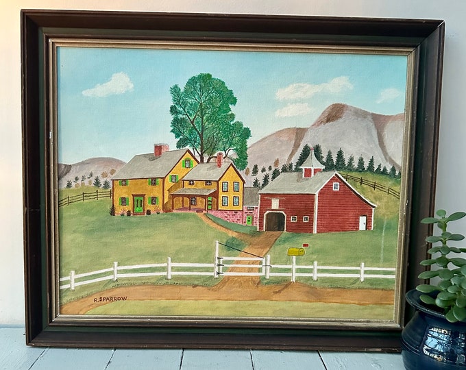 Vintage Primitive Folk Art Painting, Vintage Painting Amish Homestead, Vintage Original Painting, Vintage Farm Painting