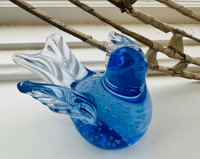 Vintage Enesco Blue Glass Bird Paperweight, Hand Blown Art Glass Cobalt Blue Bird