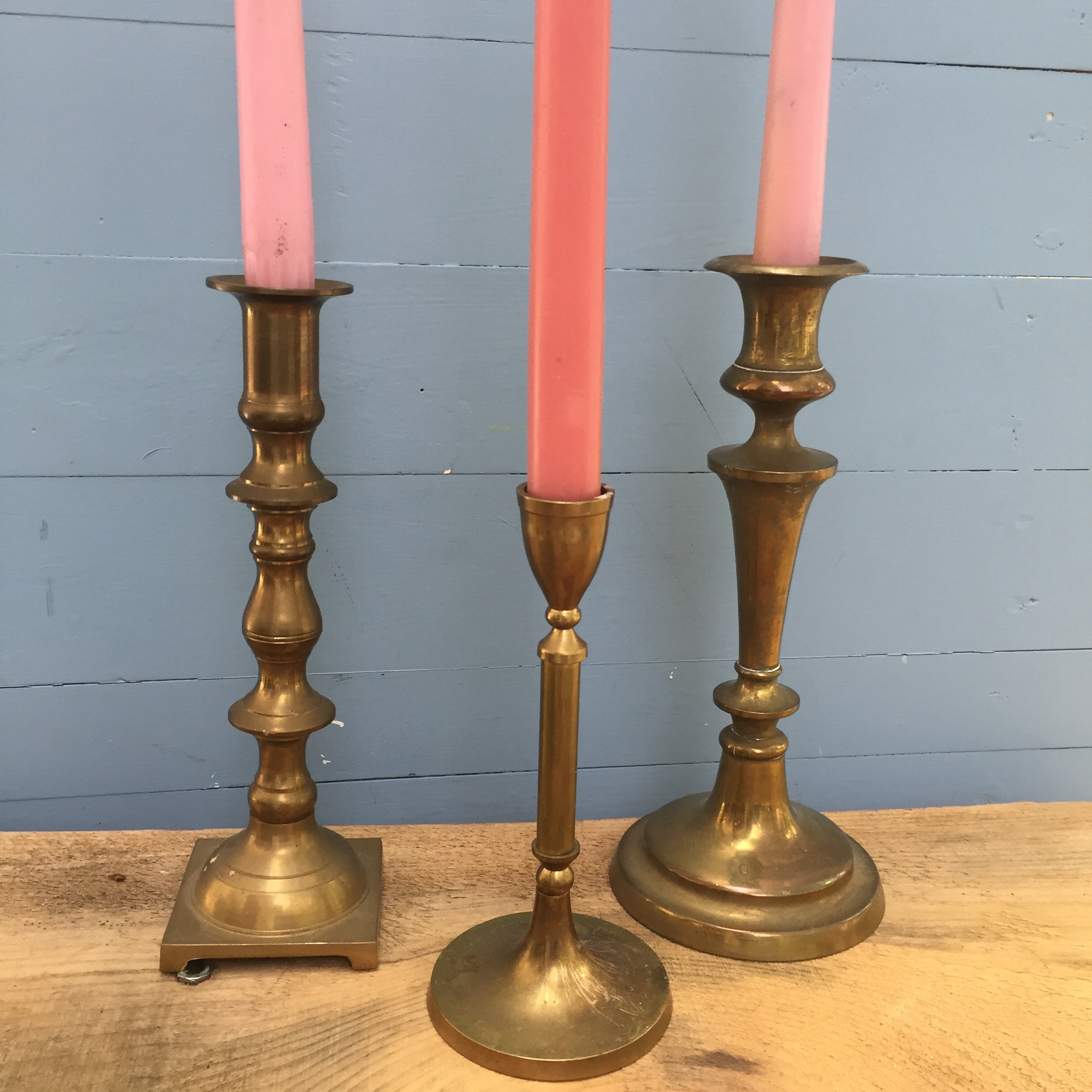 Vintage Brass Candleholder Set, Set of Three Brass Candlesticks