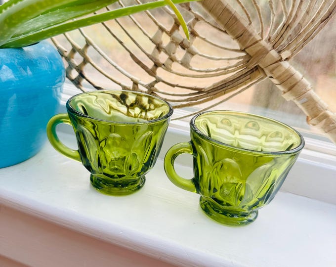 Vintage 70s Green Glass Coffee Cups Anchor Hocking Fairfield Cup Pair Olive Green Pressed Glass Cups Retro Glassware Vintage Barware