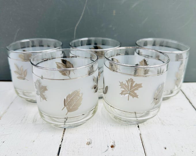Vintage MCM Libbey frosted glass tumblers, lot of five with silver leaf decoration