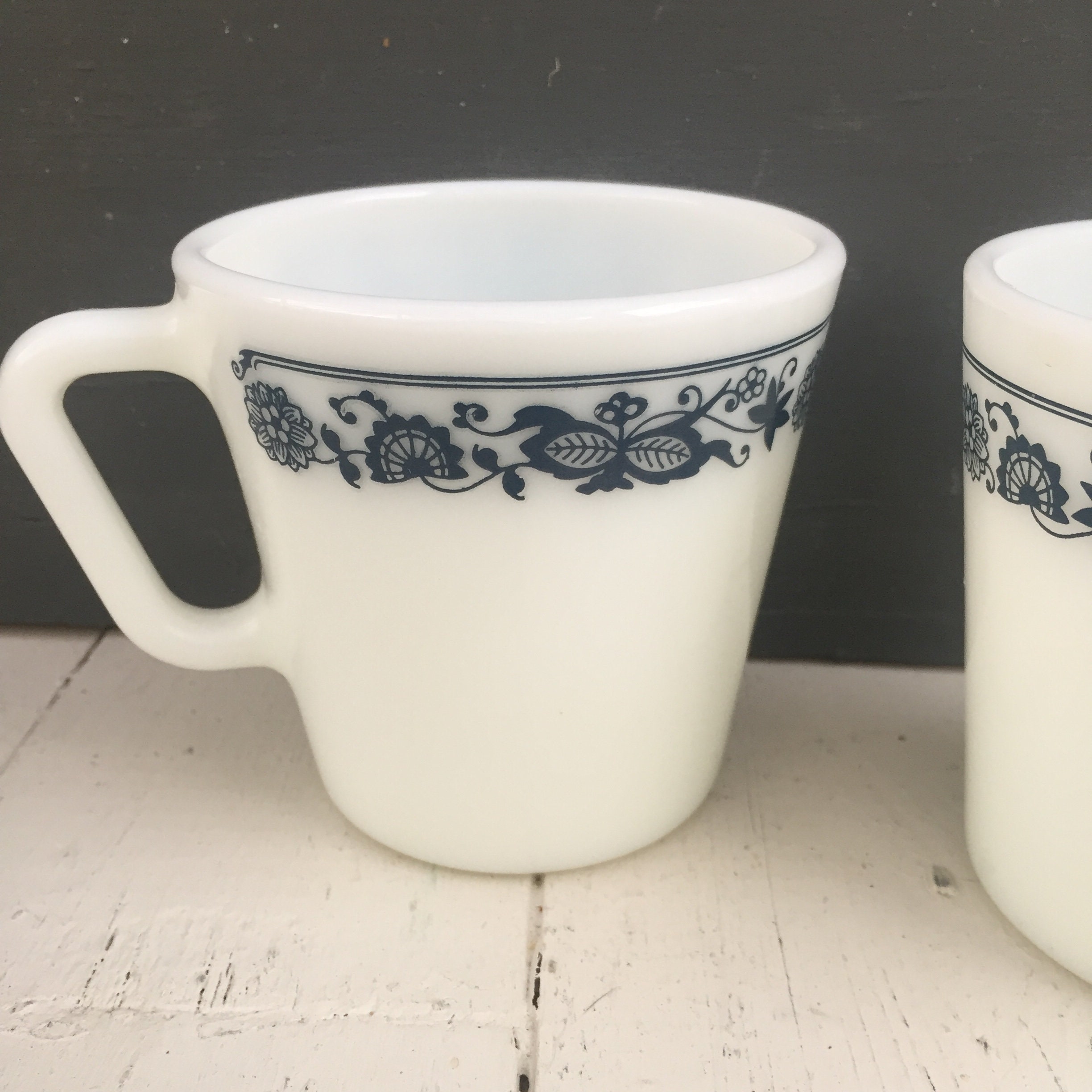 Vintage Pyrex Coffee Mugs, Set of Two, Pyrex Old Town Blue Pattern Mugs