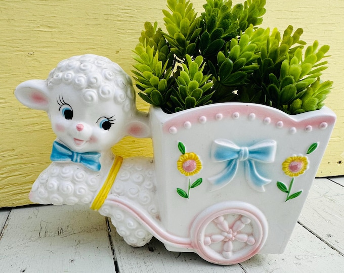 Vintage Mid Century Ruben's Lamb Planter, Lamb with Cart Planter, Baby Gift, Nursery Decor, Easter Decoration