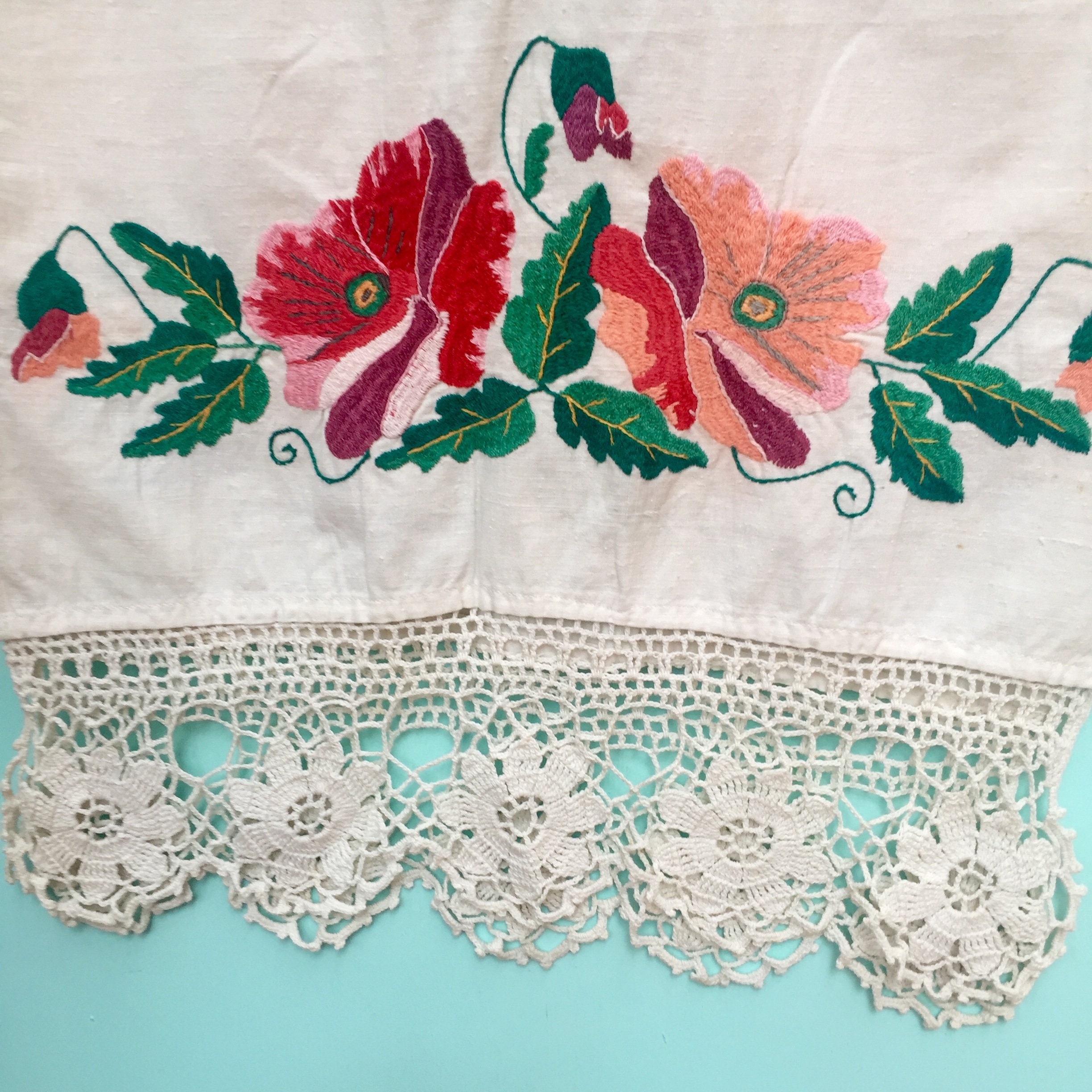 Vintage Floral Embroidered Table Runner, Large Embroidered Table Runner