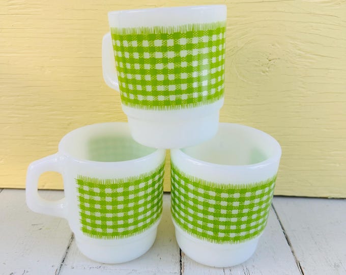 Vintage Anchor Hocking Fire-King Milk Glass Mugs, Lot of Three, Green Gingham Pattern