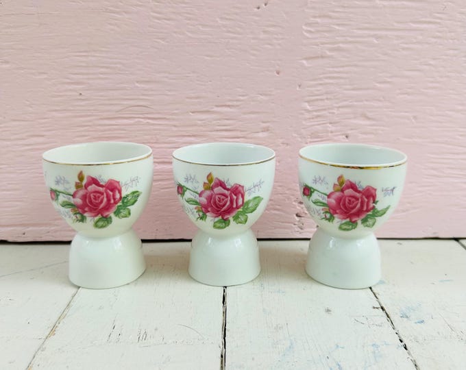 Vintage Floral Egg Cups Set of 3 Pink Rose Porcelain Egg Holders Cottagecore Kitchen Decor