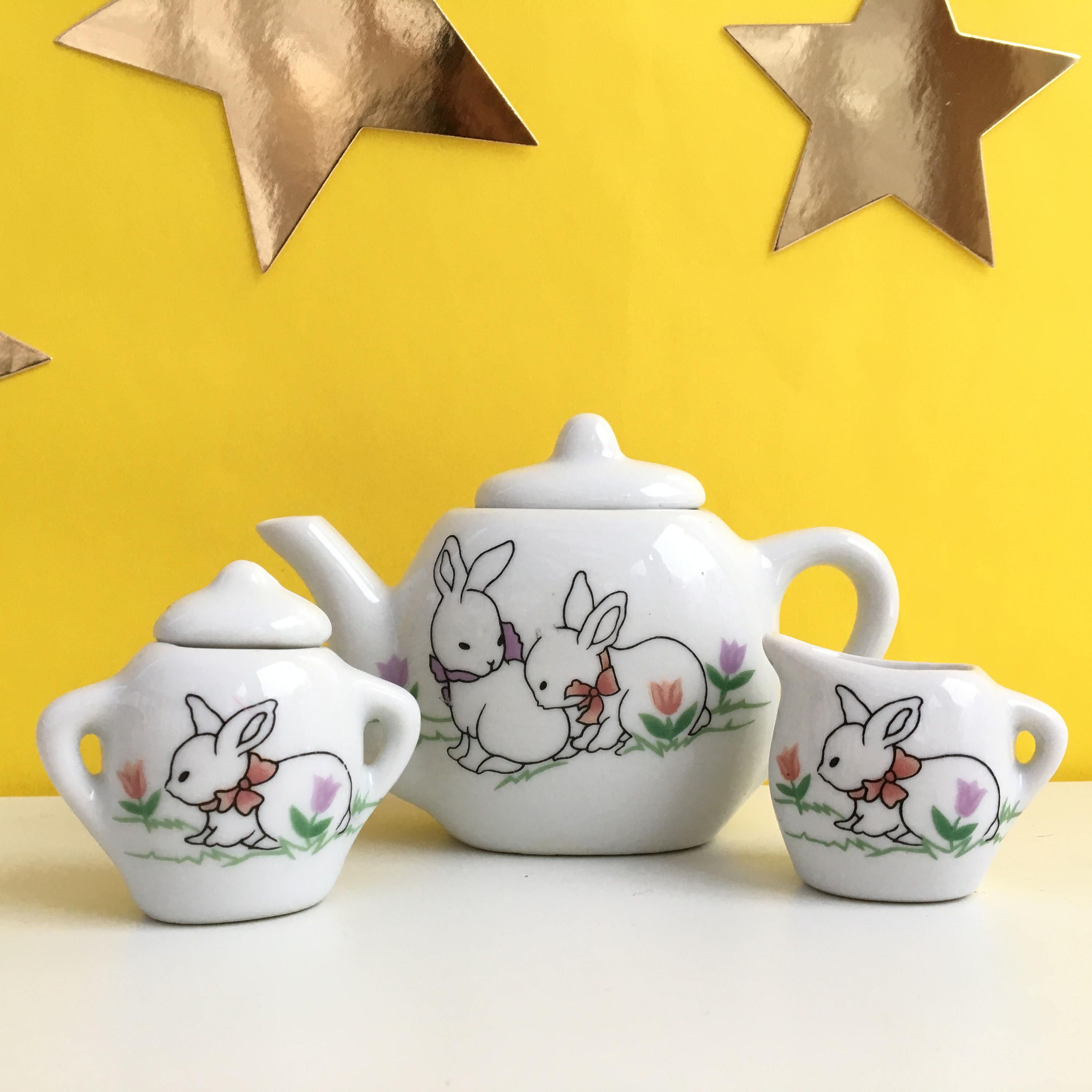 Vintage Little Girl Tea Set, Vintage Bunny Rabbit Tea Set, Little Girl Ceramic Tea Set, Vintage