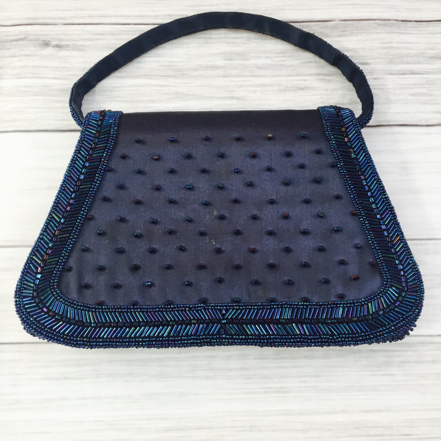 Vintage 1950s Navy Beaded Handbag, Magid Japan Purse, Dressy Holiday