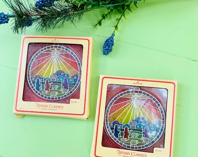 Vintage 1979 Hallmark Tiffany Classics Ornaments Pair NIB Vintage Rainbow Stained Glass Christmas Ornament Tree Trimmer Collection Manger